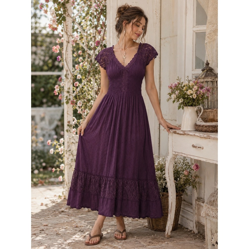 Purple Swiss Dot Empire Waist Midi Dress Cottagecore Boho Romance M Prairie